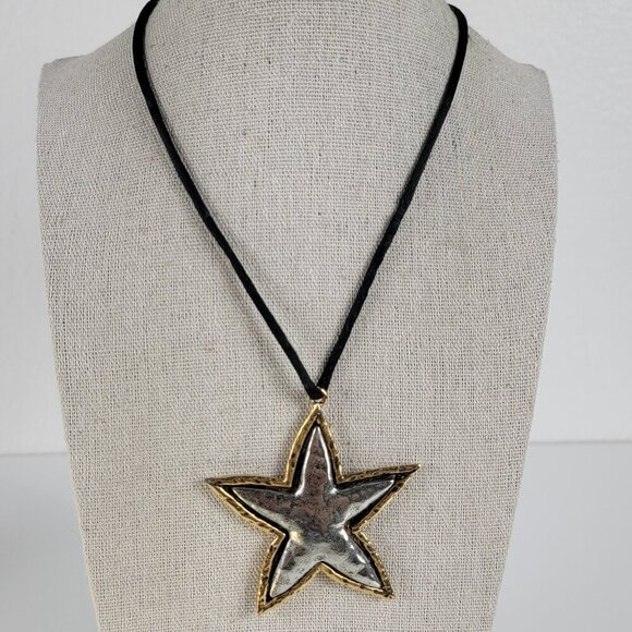 Jewelry - Gold And Silver-Tone Hamered Star Pendant Cord Necklace 30 In Black Tied